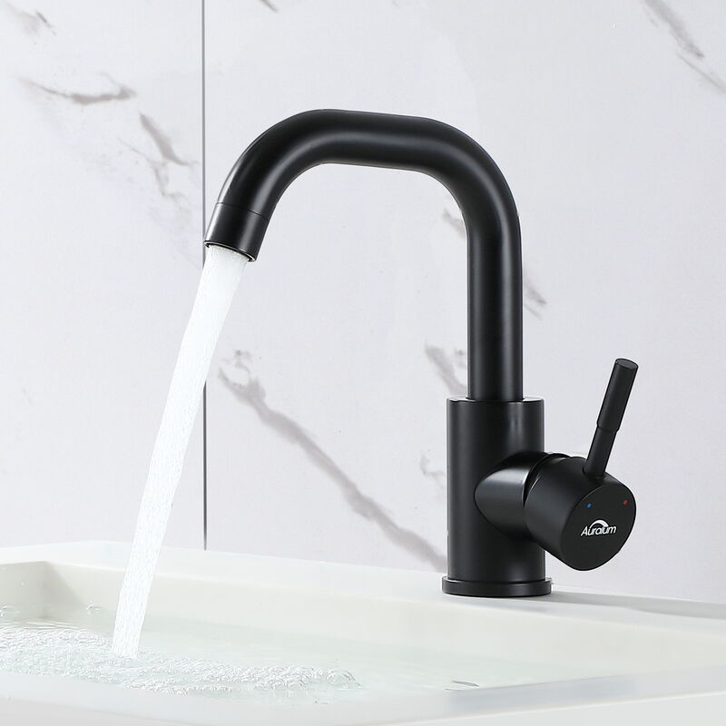 Auralum - Mitigeur Lavabo Noir Rotation à 360°Robinet pour Lavabo et Vasque Salle de Bain Robinetterie Mitigeur Eau et Froide Réglable en Laiton