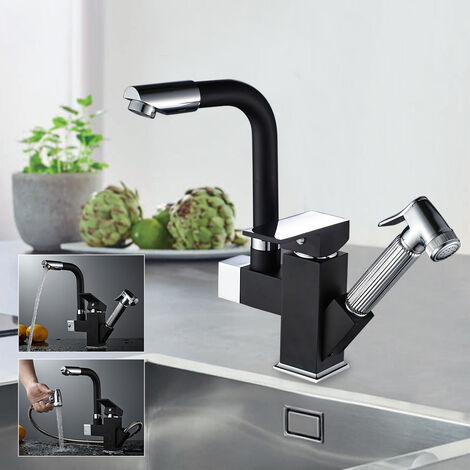 Auralum Mitigeur d'évier à Deux Sortie Eau Robinet Noir avec Douchette Extractible pour Cuisine en Laiton
