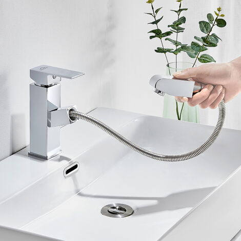 Mitigeur de lavabo avec Douchette Extractible Mousseur Eau Chaude et Froide Laiton Chrome Robinet pour lavabo et vasque