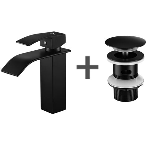 Auralum – Mitigeur de lavabo cascade noir – Hauteur 183 mm – Bec haut pour écoulement optimal – Installation facile avec tuyaux inox – Valve céramique 35 mm
