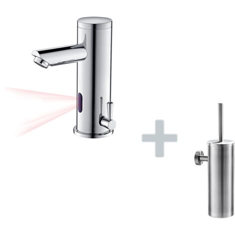 Auralum Mitigeur Lavabo Infrarouge Electronique Eau Froide/Chaude en Laiton Chrome+Porte Brosse Toilette Acier Inoxydable Brosse WC Mural