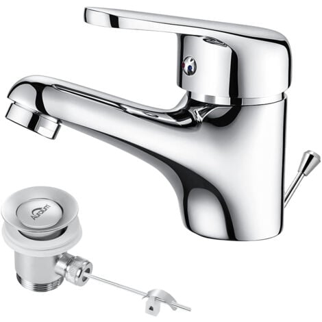 AURALUM Mitigeur Lavabo Monotrou avec Tirette de Vidage, Bonde Incluse, Robinet Salle de Bain Chromé Robinetterie en Laiton Mousseur Démontable