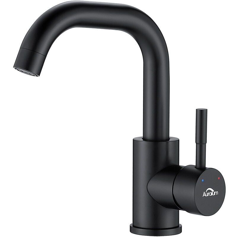 Auralum - Robinet Lavabo Noir avec Barboteur Démotable, Rotation à 360° , Mitigeur Salle Bain en Laiton, Haut de 250mm, Robinetterie d'Eau Froide et