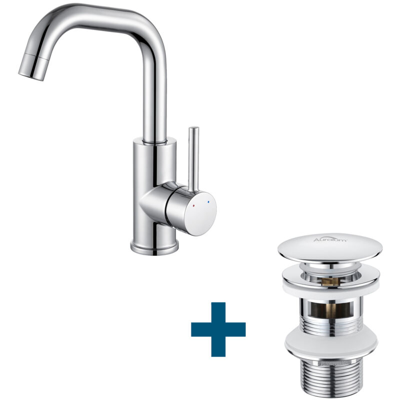 Auralum - Mitigeur Lavabo,Robinet LavaboPivotant 360°,avec Aérateur Démotable,Chromé+Bonde Lavabo Bonde Pop-up avec Trop-plein Automatique Universelle