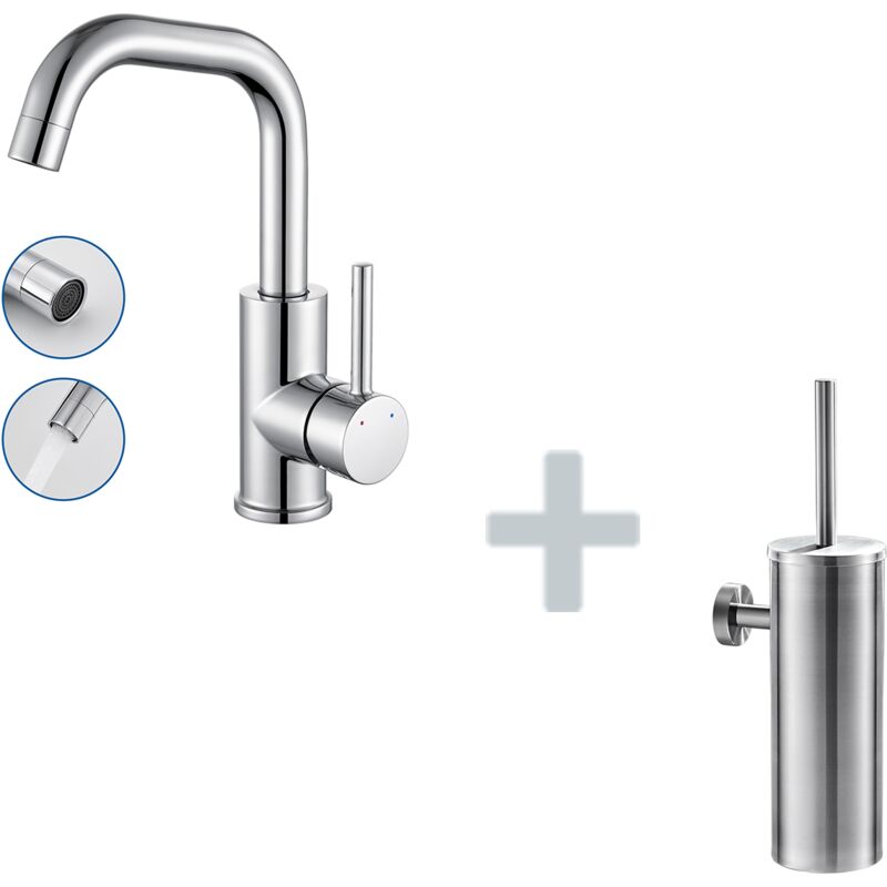 Mitigeur Lavabo,Robinet LavaboPivotant 360°,avec Aérateur Démotable,Chromé+Porte Brosse Toilette Acier Inoxydable Brosse wc Mural - Auralum