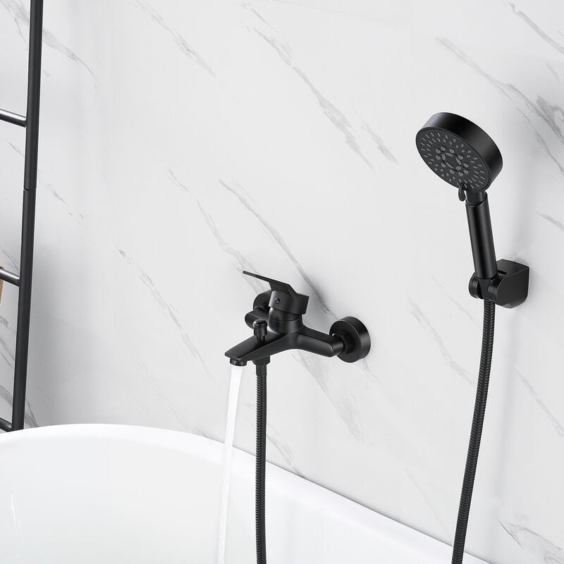 Auralum Mitigeur Robinet de Baignoire avec Douchette Bain Douche Mitigeur de Baignoire Mural Mitigeur Monocommande Noir Salle de Bain