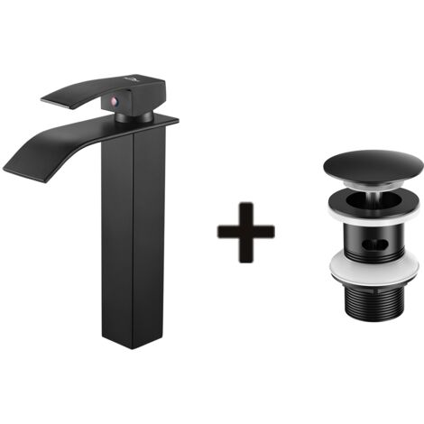 Auralum – Mitigeur de lavabo noir en laiton – Bec cascade 273mm – Valve céramique – Hauteur sous bec 115mm – Flexibles inclus 50cm