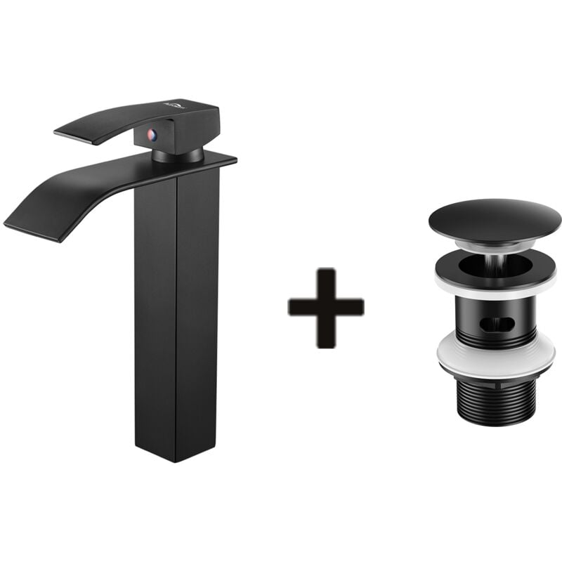 Auralum - Mitigeur Robinet de Lavabo Cascade Noir Moderne Mitigeur Robinet Salle Bain+Bonde Lavabo Bonde Pop-up avec Trop-plein Automatique
