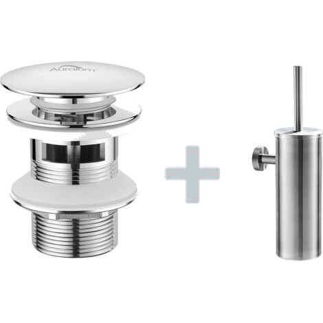 Auralum Porte Brosse Toilette Acier Inoxydable Brosse WC Mural +Bonde Lavabo Bonde Pop-up avec Trop-plein Automatique Universelle