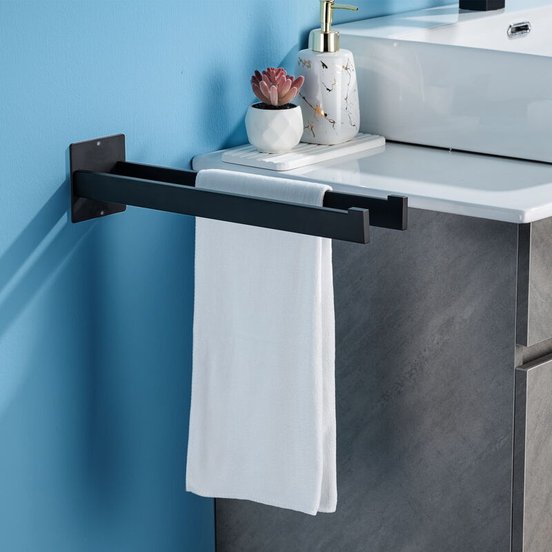 Auralum - Porte Serviette Salle de Bain, Porte Serviettes Adhésif ou Perçage, Barres Porte Serviettes Mural 2 Barre en Acier Inoxydable, Noir, pour