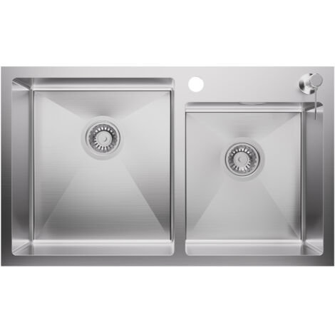 Auralum Rechteckige Küchenspüle 75 x 45 x 19 CM, 2 Becken Edelstahl Einbau Spülbecken inkl. Ablaufgarnitur und 300ml Seifenspender, Chrom