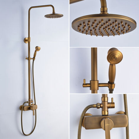 Auralum Retro Ottone Colonna Doccia Senza Miscelatore, Sistema Doccia Antiscottatura, Set Doccia con 8" Soffione a Pioggia e Doccetta, Altezza Regolabile 85-120 cm