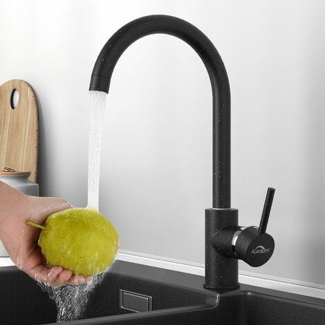 Auralum Robinet Cuisine Bec Haut, Mitigeur Evier à Poignée Unique, Rotatif à 360°, Mitigeur Cuisine à Eau Froide et Chaude en Laiton avec Aérateur Démontable, U-Form, Blanc avec Points Noirs