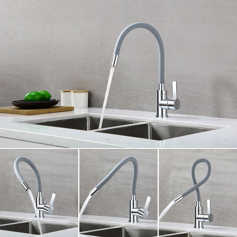 Auralum - Robinet de Cuisine Flexible Bec Haut Orientable Librement Mitigeur Évier Laiton Chromé Robinet Evier Monotrou à Eau Chaude et Froide Gris
