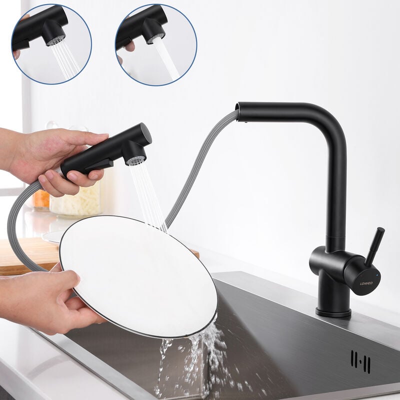 Kaibor - Lonheo Robinet de Cuisine en Acier Inoxydable Robinet de Cuisine Pivotant à 360° avec Haut Jet Extensible, Robinet d'Evier en Acier