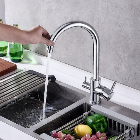 Auralum – Robinet de cuisine mitigeur céramique – Bec rotatif 360° – Eau filtrée et potable – Finition chrome – Installation facile sous évier