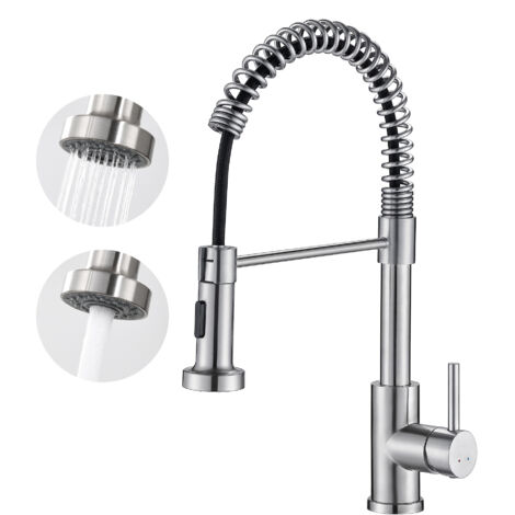 Auralum Robinet de cuisine avec douchette à ressort en acier inoxydable brossé Robinet de cuisine pivotant à 360 ° en acier inoxydable