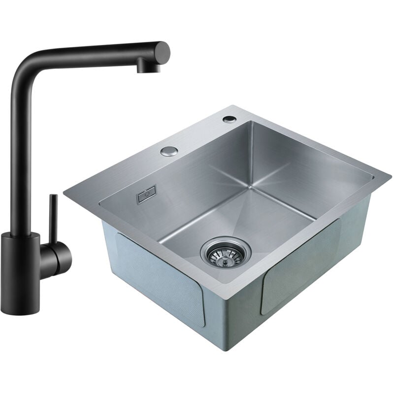 Cecipa - 2 en 1 Evier 1 bac 504518.5cm Sans Distributeur de Savon + Mitigeur de Cuisine Noir