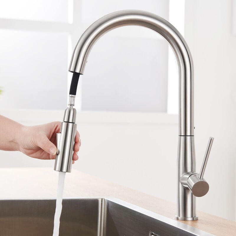 Auralum Max - Auralum Robinet de Cuisine en Inox avec Douchette Extractible, Mitigeur Cuisine Col de cygne Rotatif à 360°, 2 Fonctions Jet