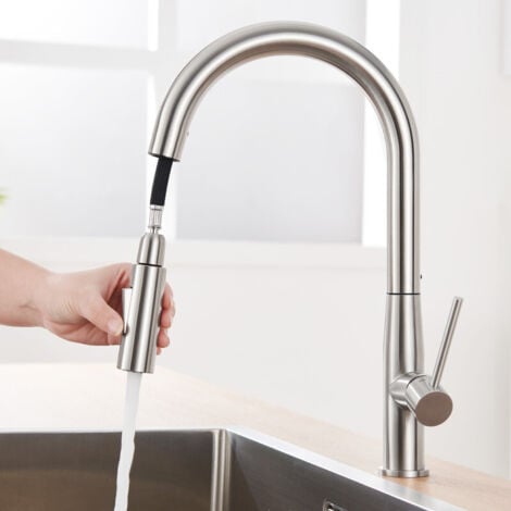 AURALUM MAX Auralum Robinet de Cuisine en Inox avec Douchette Extractible, Mitigeur Cuisine Col de cygne Rotatif à 360°, 2 Fonctions Jet