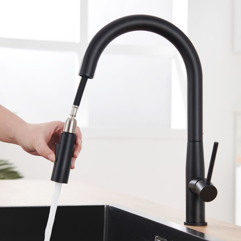 Auralum Max - Auralum Robinet de Cuisine en Inox avec Douchette Extractible, Mitigeur Cuisine Noir Col de cygne Rotatif à 360°, 2 Fonctions Jet