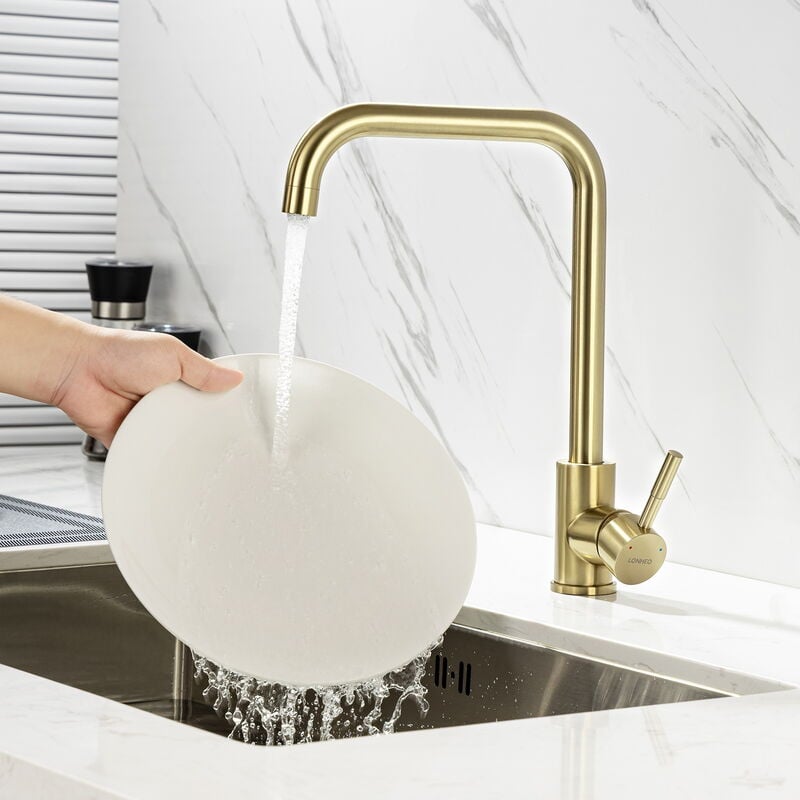 Lonheo Max - Lonheo Mitigeur de Cuisine Doré Rotatif à 360° Robinet Cuisine 7-Forme en Acier Inox avec Barboteur démotable, Mitigeur à Eau Froide et