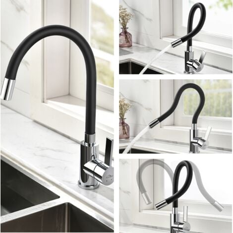 Auralum Robinet de Cuisine Flexible Bec Haut Orientable Librement Mitigeur Évier Laiton Chromé Robinet Evier Monotrou à Eau Chaude et Froide Noir