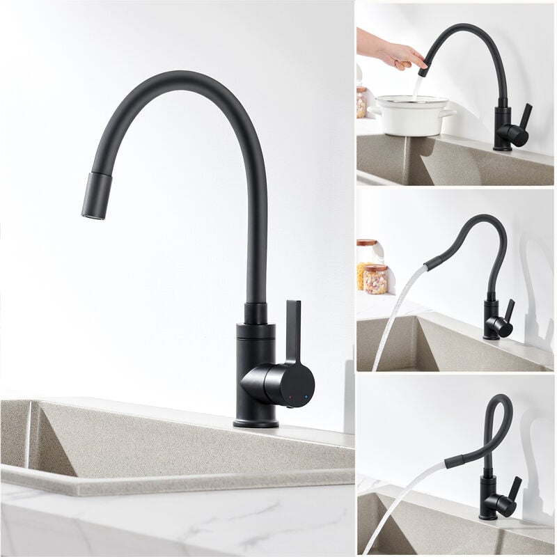 Auralum Robinet de Cuisine Flexible Noir Rotatif 360° Mitigeur Évier Cuisine avec Tuyau en Silicone, Barboteur démontable