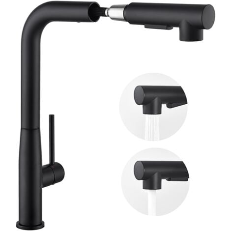 Auralum Robinet de Cuisine Noir avec Douchette Extractible, 2 Fonctions Jet Mitigeur Cuisine en Inox, Rotatif à 360°, Barboteur démontable