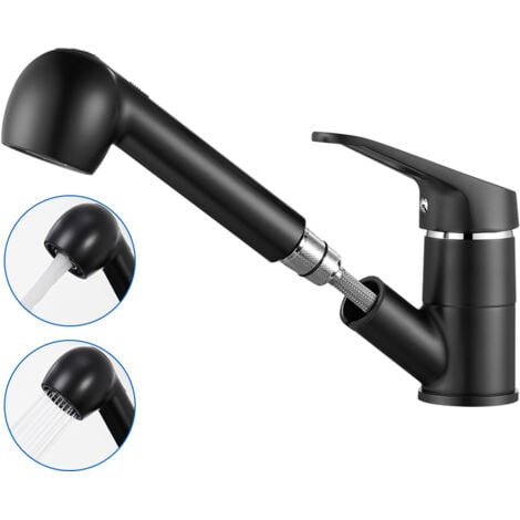 AURALUM de Cuisine Noir avec Douchette Extractible 2 Jets Mitigeur Évier à 360° en Laiton Robinetterie avec Monotrou L'eau Froide et Chaude pour Évier Cuisine ou Lavabo