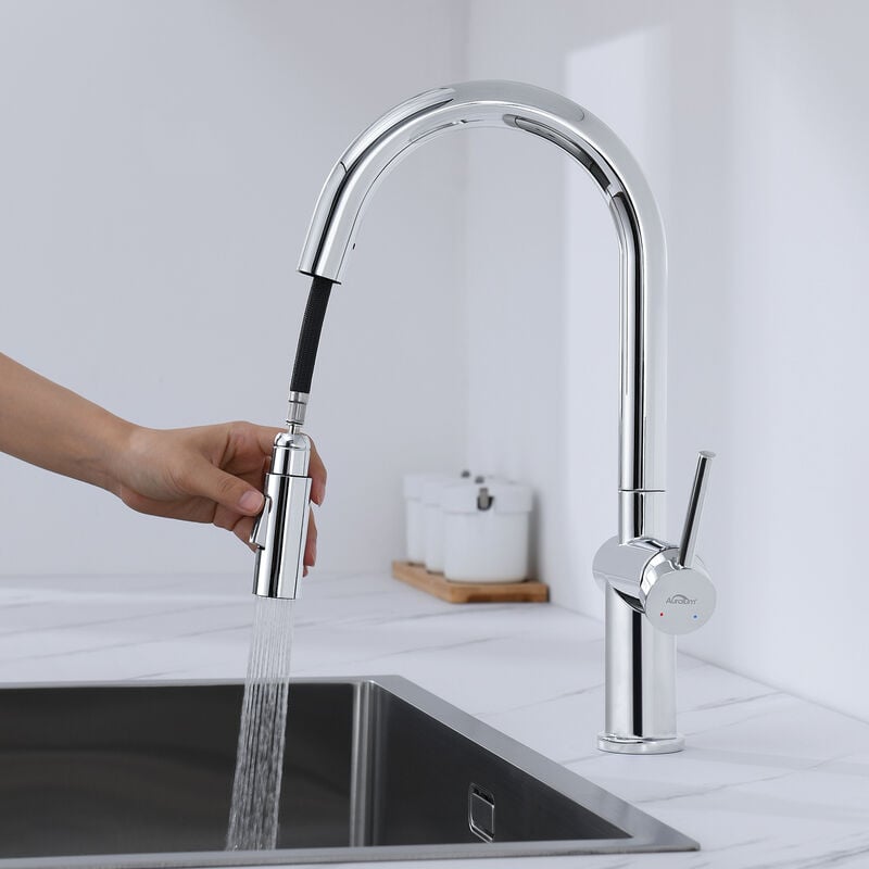 Auralum - Mitigeur de Cuisine Rotatif à 360° - 2 Fonctions Douchette Extractible - Robinet Cuisine Chromé avec Barboteur démontable