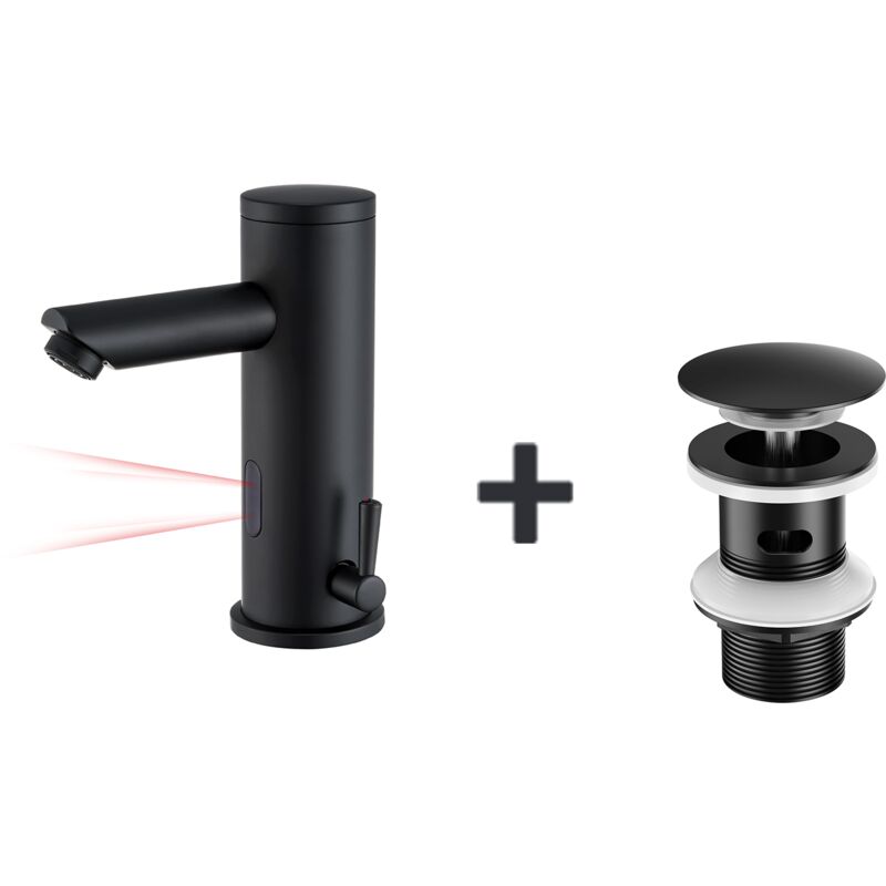 Auralum - Robinet de lavabo infrarouge Noir entièrement automatique +Bonde Lavabo Bonde Pop-up avec Trop-plein Automatique Universelle,Noir