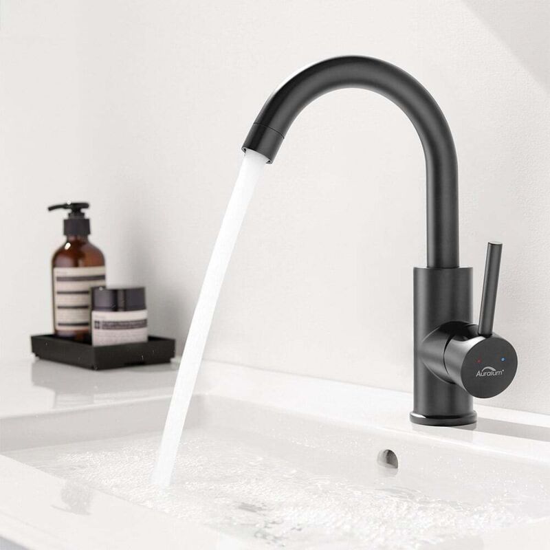 Auralum Robinet de Lavabo Rotation à 360° , Mitigeur Salle de Bain Noir en Inox, Barboteur démontable, Eau froide et chaude