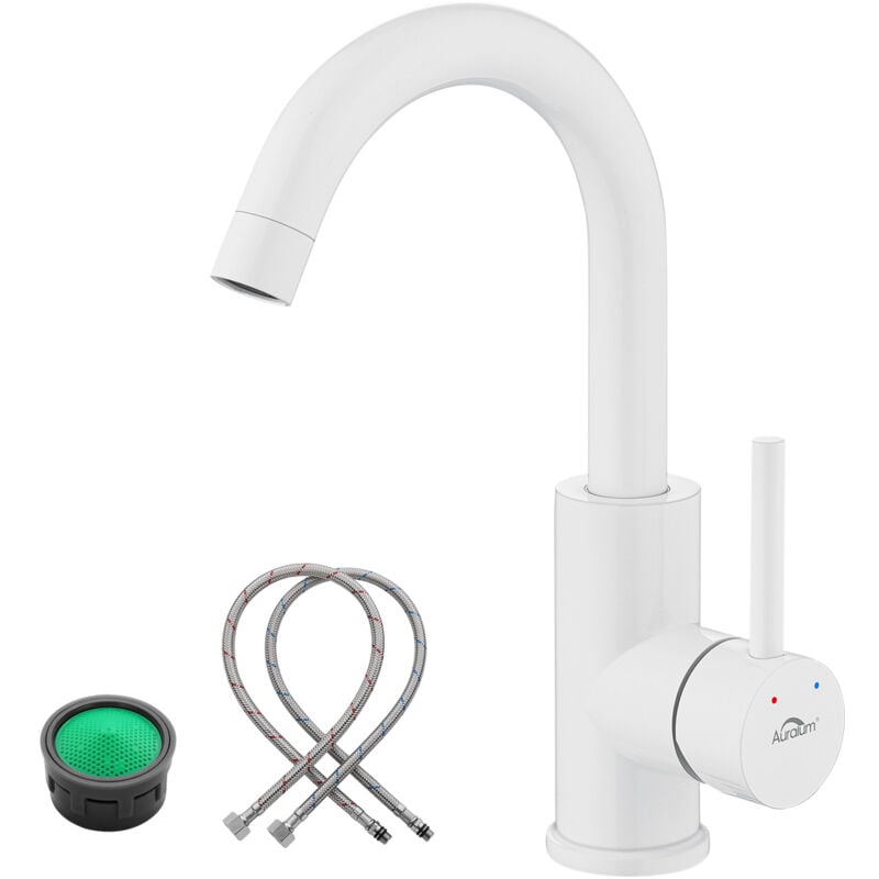 Auralum - Robinet de Lavabo Rotation à 360° , Mitigeur Salle de Bain Blanc en Inox, Barboteur démontable, Eau froide et chaude