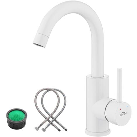 Auralum Robinet de Lavabo Rotation à 360° , Mitigeur Salle de Bain Blanc en Inox, Barboteur démontable, Eau froide et chaude