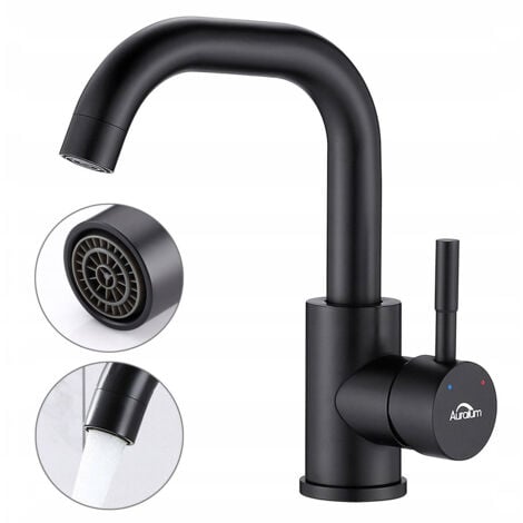 Auralum Robinet de Lavabo Sept-forme Mitigeur Eau Froide et Chaude en Acier Inox Rotation à 360° Robinet de Vasque à Poser Hauteur Total 250mm pour Salle de Bains, Noir