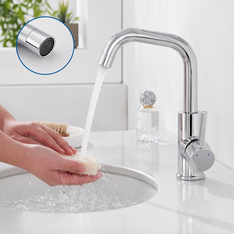 Auralum Robinet de Lavabo U-forme Mitigeur Eau Froide et Chaude en Acier Inox Rotation à 360° Robinet de Vasque à Poser Hauteur Total 250mm pour