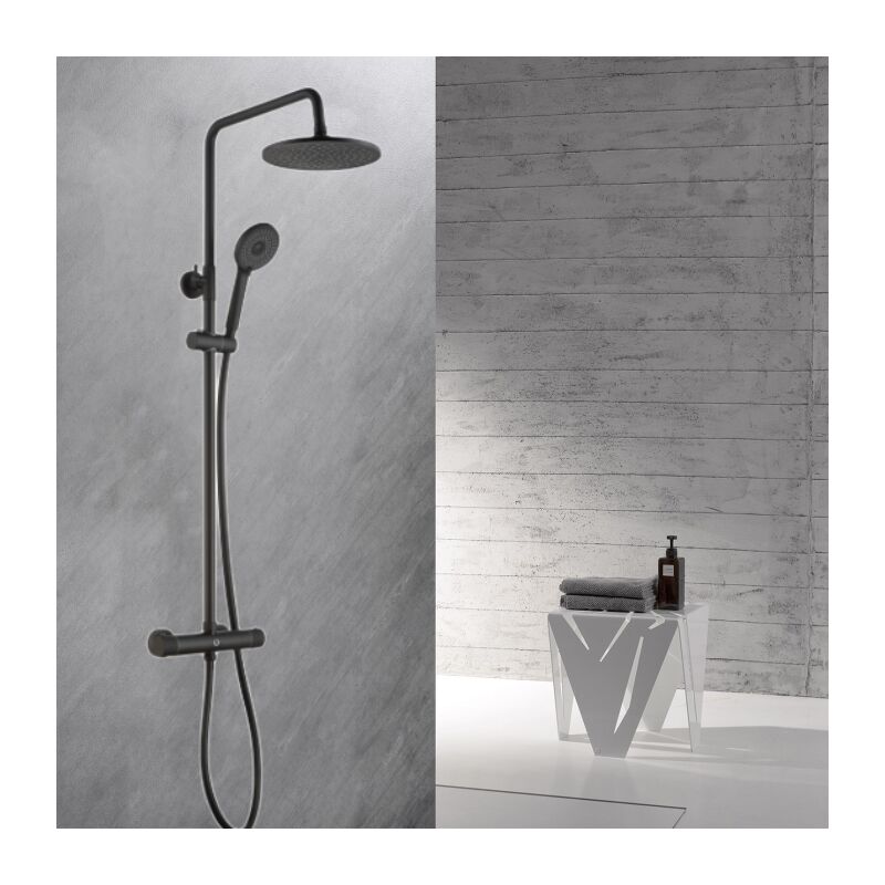 Noir Colonne de Douche Thermostatique Ensemble de Douche Ronde avec Mitigeur Thermostatique Système de Douche Hauteur Réglable Kit de Douche en Pluie