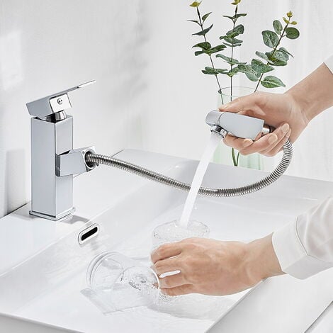 AURALUM Robinet Lavabo avec Douchette Extractible Robinet Salle de Bain Laiton Chromé Mitigeur de Lavabo Eau Froide et Chaude Robinetterie pour Salle de Bain