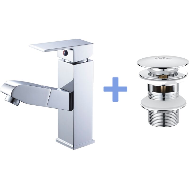 Auralum - Robinet Lavabo avec Douchette Extractible,en Laiton,Chromé Eau Froide et Chaude+Bonde de Lavabo Bonde Pop-up avec Trop-plein Automatique