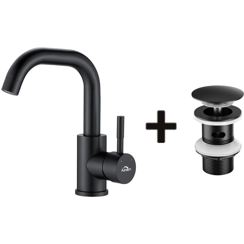 Auralum - Robinet Lavabo Noir avec Barboteur Démotable, Rotation à 360°+Bonde Lavabo Bonde Pop-up avec Trop-plein Automatique Universelle,Noir