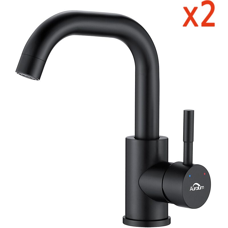 Auralum - 2pcs Robinet de Lavabo Noir Mitigeur Eau Froide et Chaude en Acier Inox Rotation à 360° Robinet de Vasque à Poser Hauteur Total 250mm pour