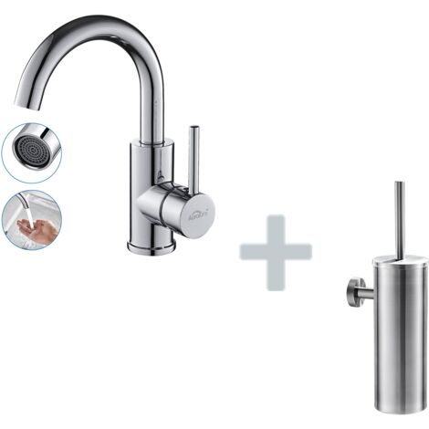 AURALUM Robinet Lavabo Salle de Bain Bec Haut Chromé Brillant Rotatif 360°+Porte Brosse Toilette Acier Inoxydable Brosse WC Mural
