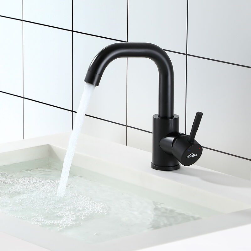 Auralum - Robinet de Salle de Bain Noir , Mitigeur Lavabo avec Barboteur Démotable, Robinet de Lavabo Rotation à 360° Robinetterie d'Eau Froide et