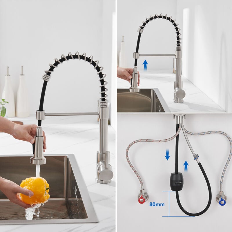 Auralum - Mitigeur Cuisine Avec Douchette Pull-Down et Pivotante 360°, Arc Élevé Robinet Cuisine Douchette Avec 2 Jets, Ressort Spirale Mitigeur