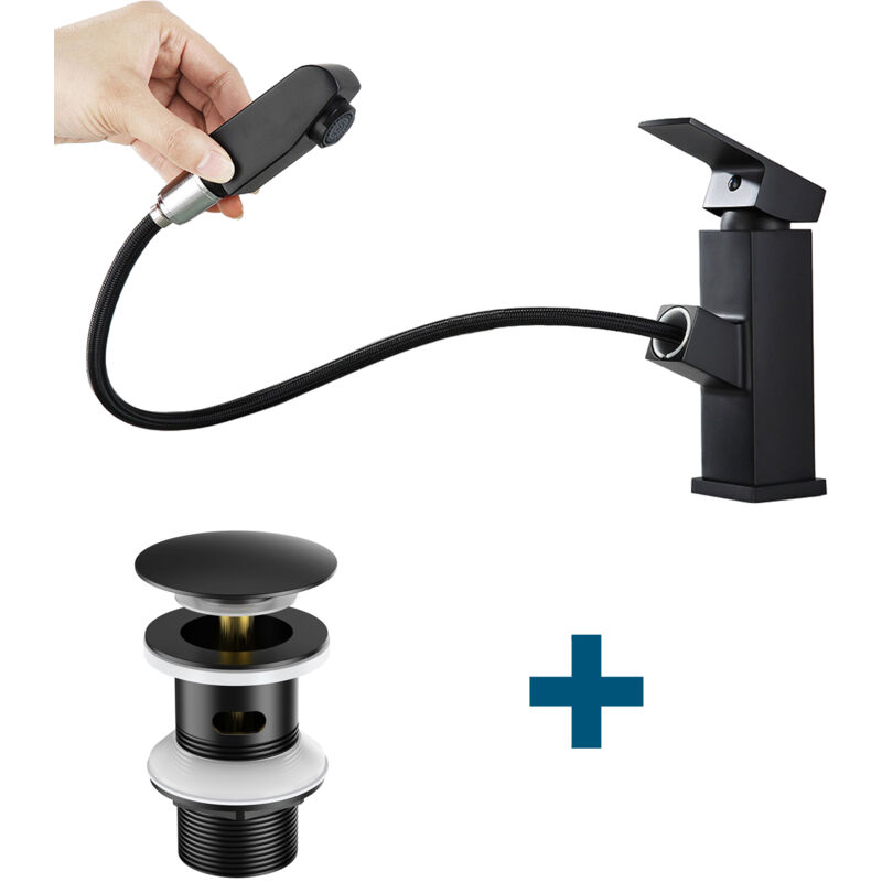 Auralum - Robinet Mitigeur Lavabo avec Douchette Extractible,Noir, Hauteur 187mm+Bonde Lavabo Bonde Pop-up avec Trop-plein Automatique Universelle