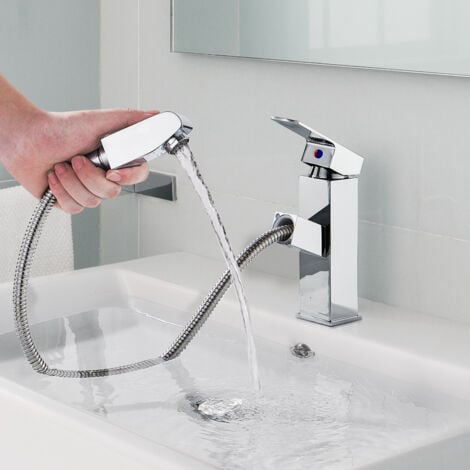 Auralum Rubinetto Bagno Lavabo, con Doccetta Estraibile fino 50cm, Rubinetto Lavabo in Ottone, Miscelatore Monocomando Bagno Estraibile, Acqua calda e fredda regolabili, Aeratore Rimovibile