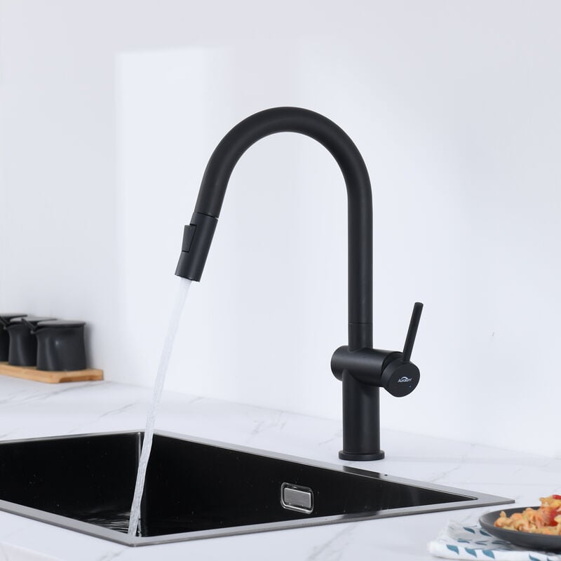 Auralum Max - Auralum Robinet de Cuisine avec Douchette Extractible Mitigeur Cuisine Noir Rotatif à 360°, Bec Haut, Barboteur démontable
