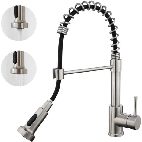 Auralum Rubinetto da cucina estraibile a molla, Girevole a 360 Rubinetto Cucina monocomando in acciaio spazzolato, Miscelatore da cucina a 2 Modalità fissa e estraibile