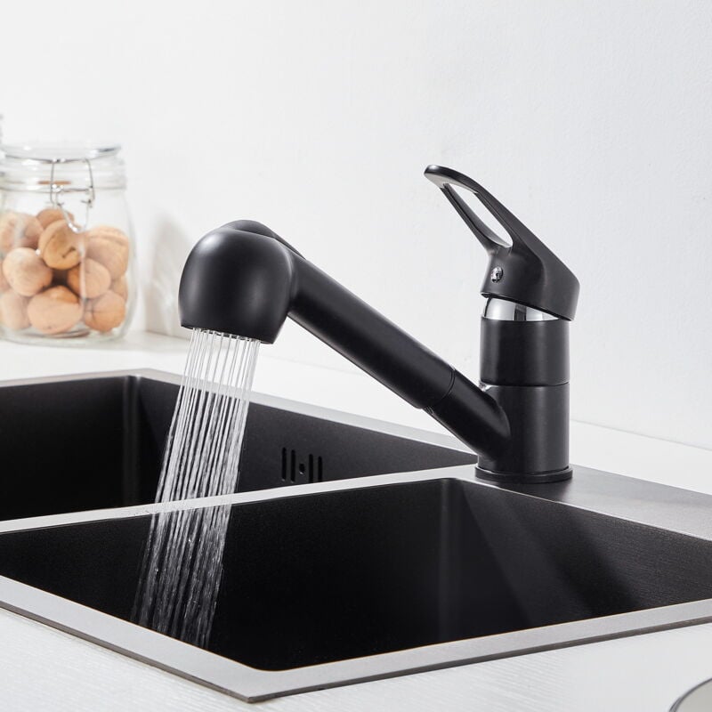 Rubinetto da cucina estraibile con due forme d'acqua nero rubinetto dell'acqua calda e fredda girevole a 360° rubinetto da cucina monocomando